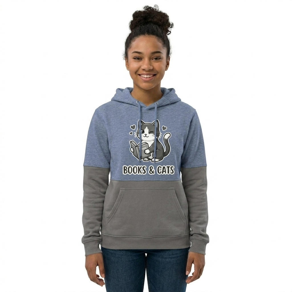 "Books & Cats" Comfort-Tone Hoodie - Blue Grey Style Unisex Hoodie