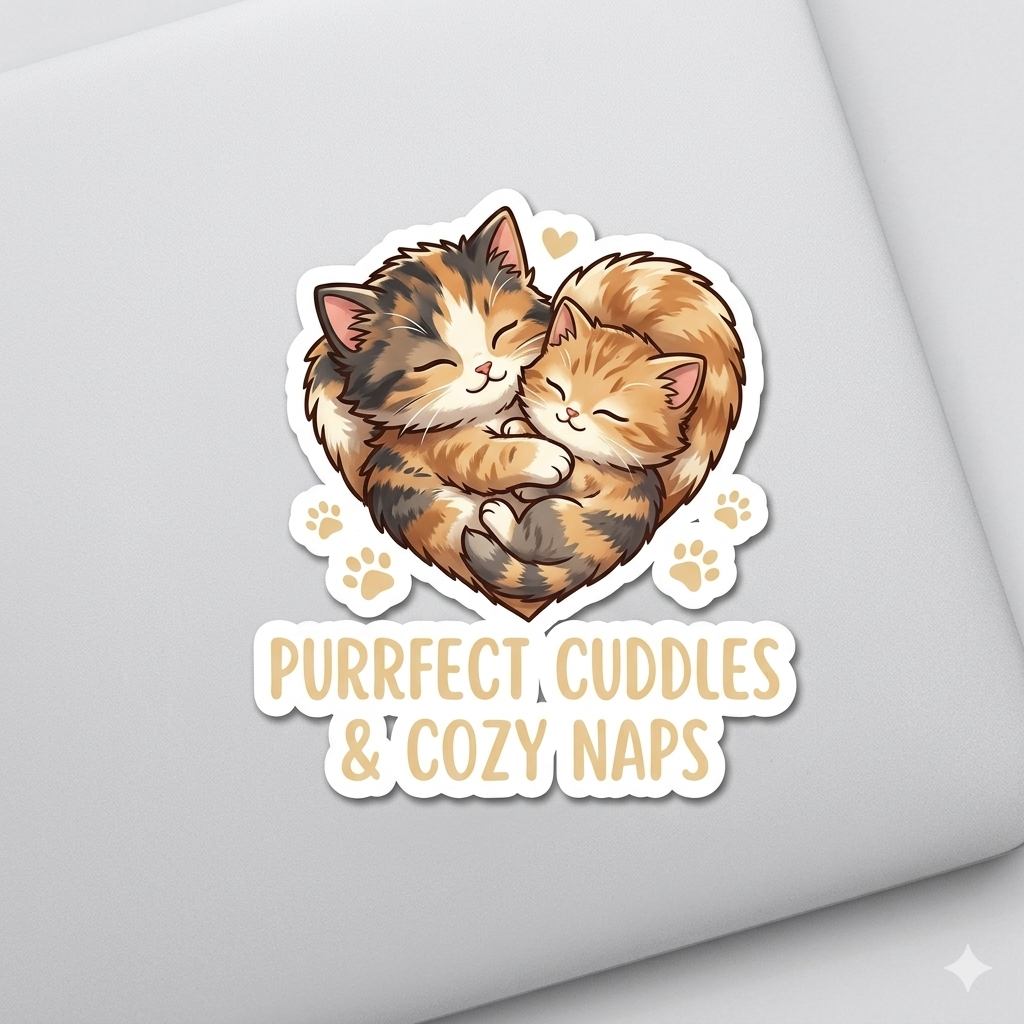 "Purrfect Cuddles & Cozy Naps" - Adorable Heart-Shaped Kitten Sticker