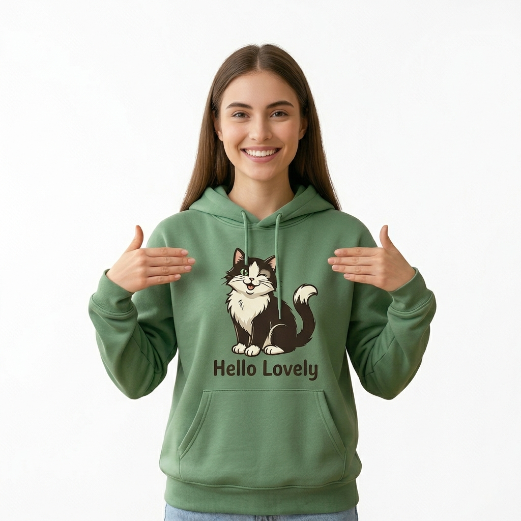 Hello Lovely" Classic Cat Hoodie - Green Unisex Hoodie