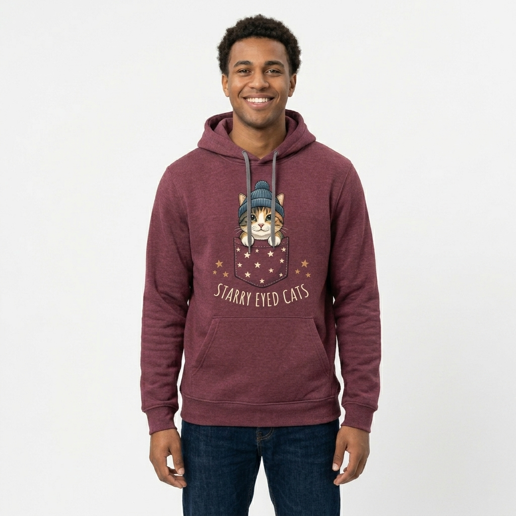 "Starry Eyed Cat" Pocket Pal Hoodie - Maroon Heather